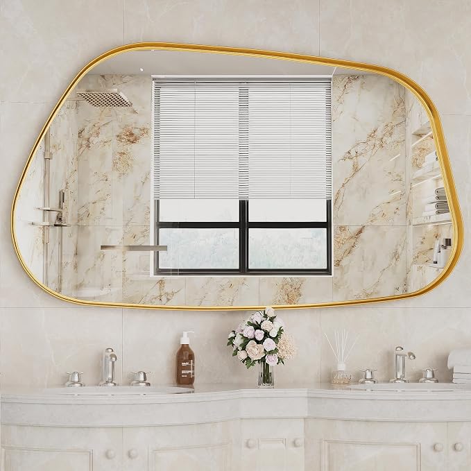 Irregular Wall Mirror 55"x28" Bathroom Mirrors Asymmetrical Artistic Decorative for Living Room Bedroom Bathroom Hallway Entryway,Trapezoid,Gold