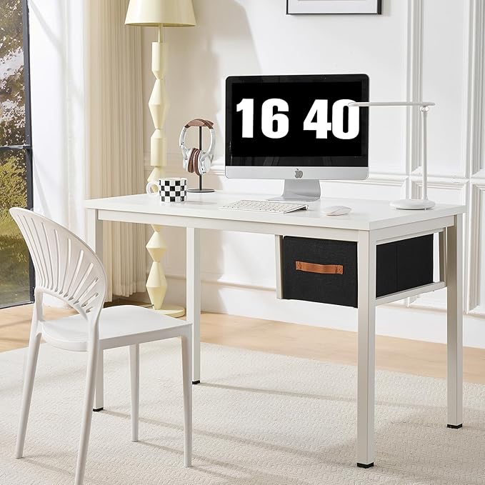 White Computer Desk with Drawer, 47 Inch Home Office Work Desks, Modern Writing Study PC Desk Gaming Table for Small Place Bedroom, Thickened Tabletop and Stable Metal Frame Leg Support