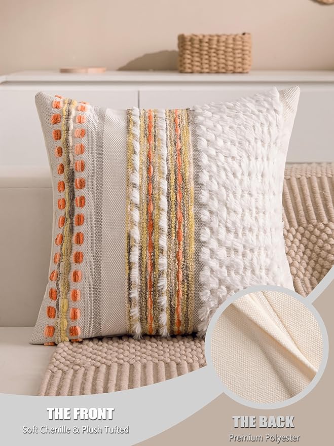 KOOLIFE Fall Boho Chenille Tufted Throw Pillow Covers 18x18 Inch Set of 2 Farmhouse Striped Couch Decorative Pillow Covers Accent Neutral Pillowcase Yellow Orange Cushion Cover for Livingroom Sofa Bed