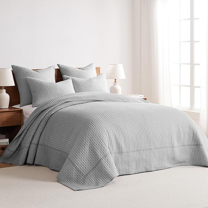 Levtex Home Cross Stitch Reversible Queen Bedspread Set (104x106in) with 2 Pillow Shams (26x20in) - Stitch Texture - Light Grey - Cotton Queen Size Bedspread Set - Lightweight, Soft, Pre-Washed