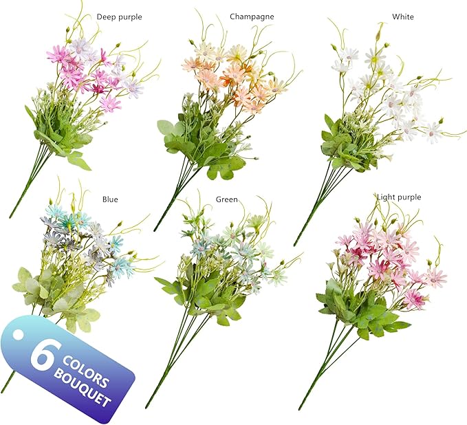 6 Bundles Wildflowers Artificial Flowers Outdoor Fake Daisy UV Resistant Silk Wild Flower Bouquets Bulk Faux Plants Plastic Greenery for Decoration vase Floral Arrangements Home Décor