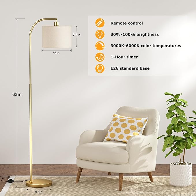 Ambimall Arc Floor Lamp with Remote and Stepless Dimmable Bulb, Colors Temperature & Brightness Adjustable, Gold Floor Lamps for Living Room（Deep Beige Shade & Gold Pole）