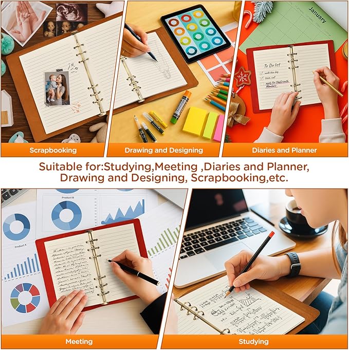 A6 6-Hole Lined Loose-Leaf Filler Paper – 80 Sheets, 100GSM, Beige Notebook Refill – Fits A6 6-Ring Binders for Office, Journaling, Planning, Notes. Double-sided writing supported