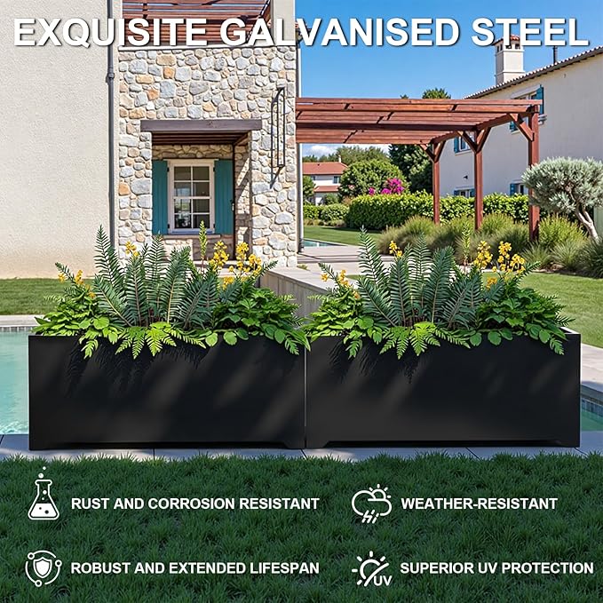 Metal Planter Box 32" L x 15" W x 15" H, Rectangular Trough Planter Box with 6 Drainage Holes & Raised Bottom, Black Large Outdoor Planters for Patio, Yard, Garden,Commercial Residential