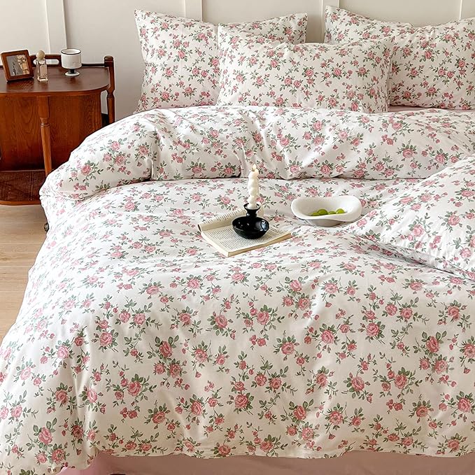 HighBuy Aesthetic Floral Duvet Cover Queen Size 3 Piece Soft Cotton Pink Floral Bedding Set Queen,Garden Coquette Comforter Cover Breathable,Boho Beige Duvet Cover Queen,2 Pillowcases