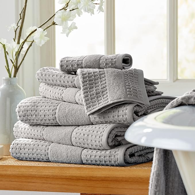 Market & Place 100% Cotton Super Soft Luxury Hand Towel Set | Quick-Dry and Highly Absorbent | Waffle Textured | 550 GSM | Includes 6 Hand Towels | Harper Collection (Light Grey)