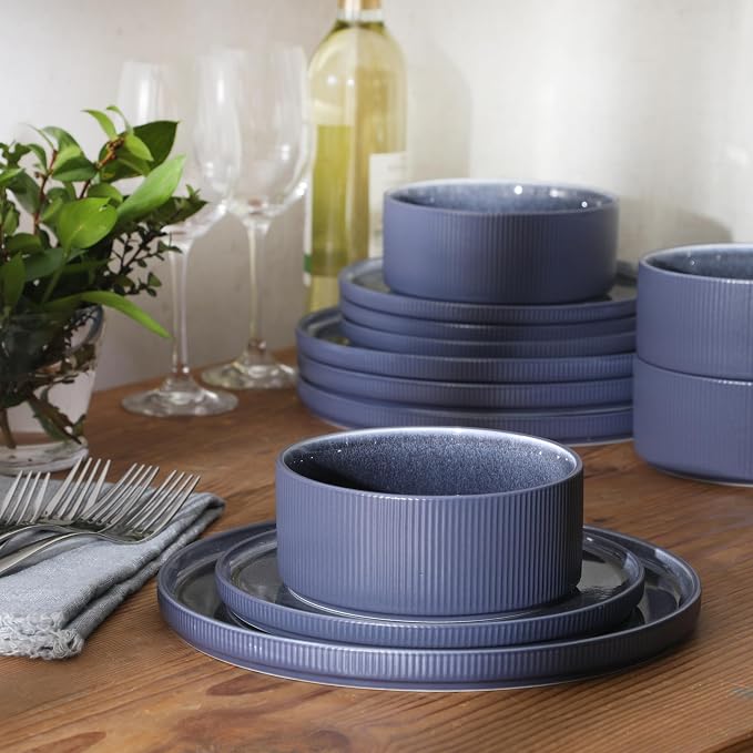 Gibson Elite Redrock Canyon 12-Piece New Bone China Dinnerware Set Service for 4, Reactive Glaze Plates and Bowls, Dishwasher and Microwave Safe, Navy Blue