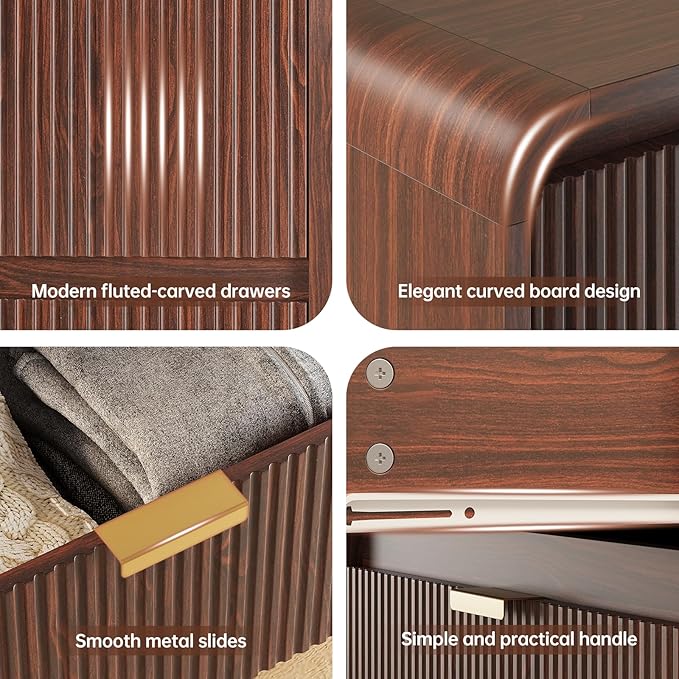 FURSUN Fluted 5 Drawers Dresser for Bedroom, 48" Tall Wooden Modern Dresser with Metal Handle, Curved Profile Design, Storage Organizer for Living Room, Hallway（Dark Walnut）