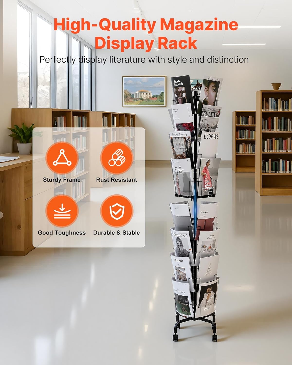 VEVOR Greeting Cards Display Rack - 32 Pocket Rotating Brochure Stand with 360° Spin & Lockable Wheels