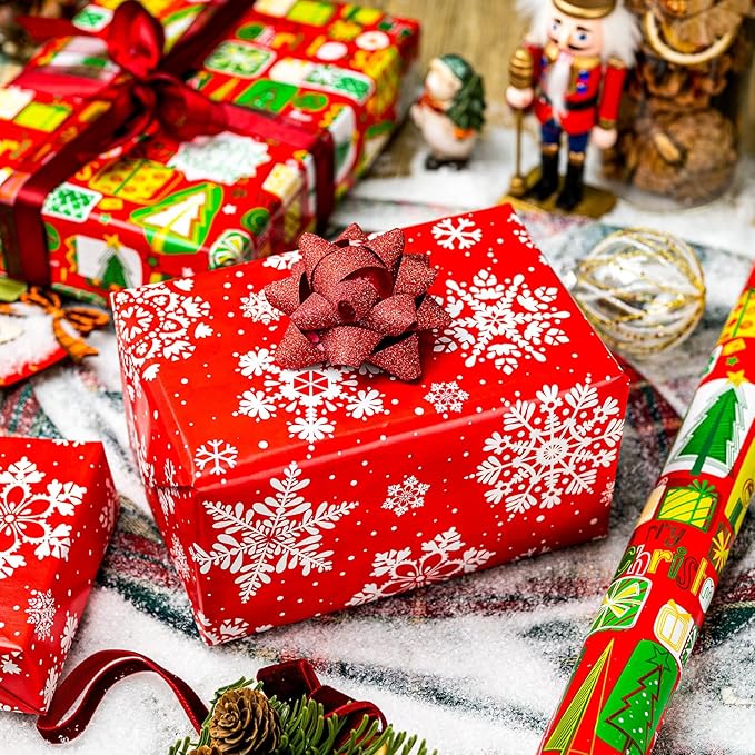 MAYPLUSS Christmas Wrapping Paper Roll, Red and Green Christmas Tree Wrapping Paper, Reversible Modern Holiday Gift Wrap with Trees Presents Snowflakes for Festive Gift Packaging (17 Inch X 33 Feet)