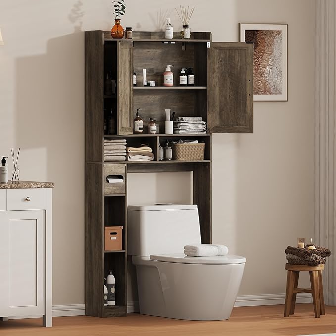 Over the Toilet Storage Cabinet, 31.1”W Bathroom Organizer with Double Doors, Above Toilet Rack, Detachable Toilet Paper Holder for Bathroom & Laundry Room Grey