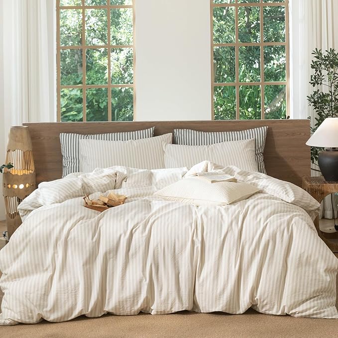 MooMee Striped Duvet Cover Set 100% Washed Cotton Linen Like Textured Breathable Durable Soft Comfy (Almond Milk Grey Classic Stripes, Alaska King 132"x120")
