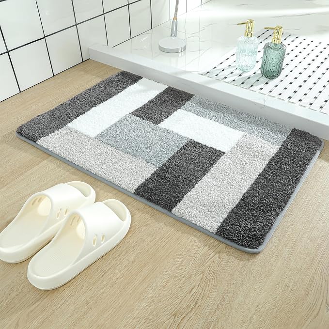 Checkered Bath Mat - Super Absorbent, Soft and Thick, Rubber Backing Non-Slip, Machine Washable Shower Rug, Bath Mat, Bathroom Home Decor Accessories, 16"x24" (40x60cm), Black