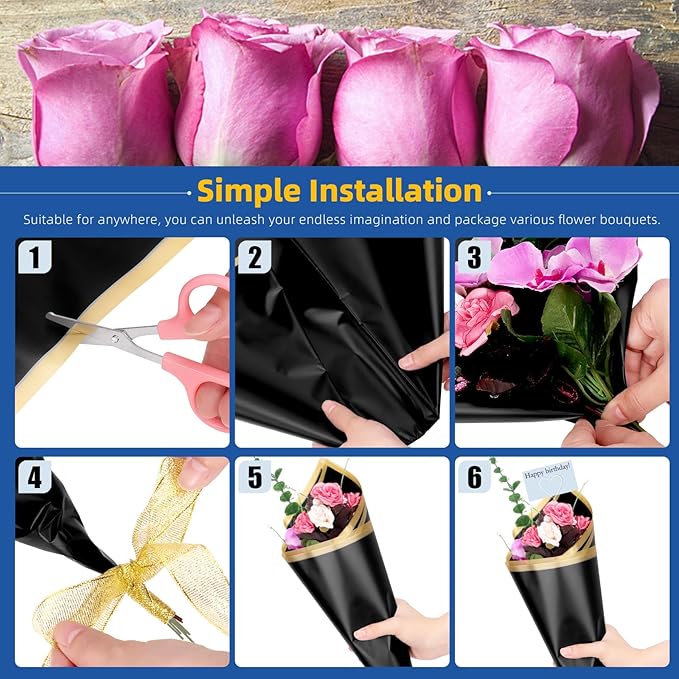 Glarks 52pcs Flower Wrapping Paper Set, Including 40 Sheets White and Black Waterproof Bouquet Wrapping Paper, 10pcs Floral Pick Card Holders, 1 Roll Ribbon and 1pcs Pink Scissors for Flower Shop