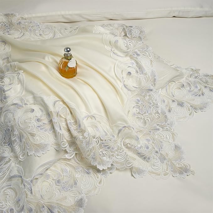 mixinni Luxury Satin Duvet Cover Set with Embroidery Lace, Silky Soft Bedding Set (1 Duvet Cover + 2 Pillowcases), Cream White - Elegant Bedroom Comforter Cover, Vintage Royal Style-King Size