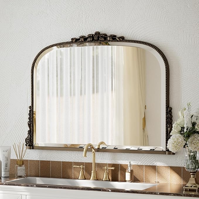 27"×36" Bronze Wide Arched Wall Mirror, Vintage Carving Bathroom Vanity Makeup Mirror, as Wall Decor Hanging Leaning for Fireplace Mantle, Living Room, Bedroom, Vanity Area