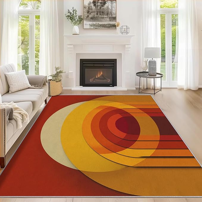 Mid Century Modern Rugs for Home Decor, 5x7 ft, Abstract Circle Area Rugs for Living Room, Soft Non Slip Washable Retro 70s Geometric Carpet Bedroom Decorations Dt-Ghf-69