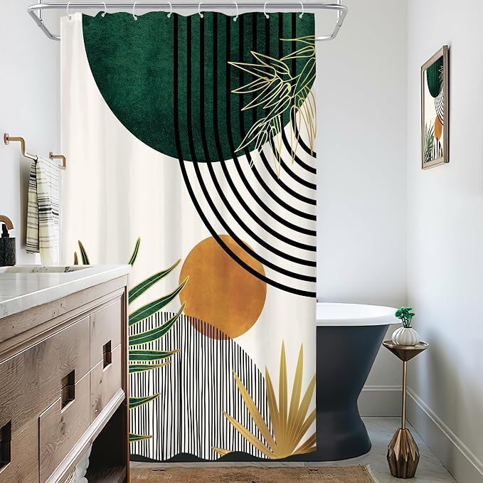 KOMLLEX Mid Century Green Boho Shower Curtain 48Wx72L Inches Abstract Modern Shower Curtains for Bathroom Decor Plant Botanical Minimalist Leaf Arch Sun Fabric Liner Waterproof Polyester 12 Pack Hooks