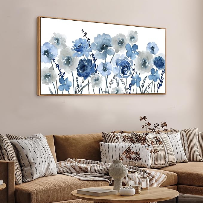 Framed Flowers Canvas Wall Art - Indigo Floral Canvas Pictures Living Room Wall Decor Botanical Canvas Prints Painting Abstract Artwork Bedroom Office Home Decor 24"x 48"