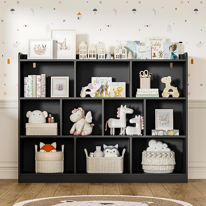 Black Bookshelf, Wood Bookcase with 3 Tier Open Shelves, 10-Cube Minimalist Storage Shelf for Living Room, Bedroom, 43.3" W x 35.4" H