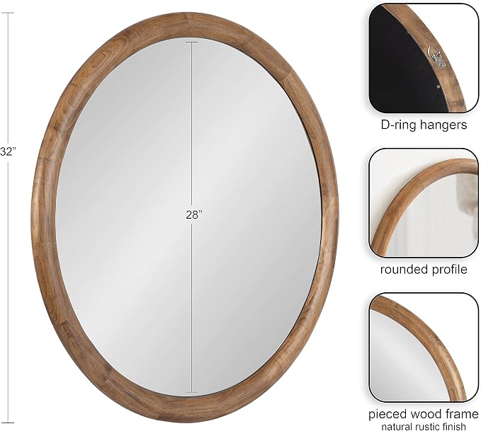 Kate and Laurel Dessa Transitional Round Wooden Wall Mirror; 32 Inch Diameter; Natural Rustic; Modern Circle Bathroom Vanity Mirror with Chunky Rounded Profile and Solid Poplar Wood Frame