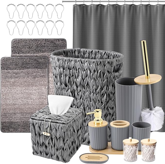 Bathroom Accessories Set, 25PCS Wicker Bathroom Accessory Set with Shower Curtain, Bath Mat, Soap Dispenser, Handwoven Trash Can & Rattan Tissue Box (Grey, Bath Set+Shower Curtain+Rugs)