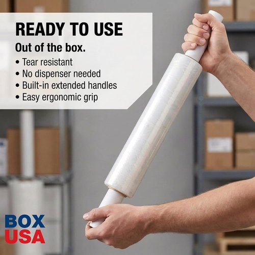 BOX USA Stretch Wrap - Extra Wide 20-Inch Clear Plastic Film Roll with Handles | 1000 ft for Shipping & Moving