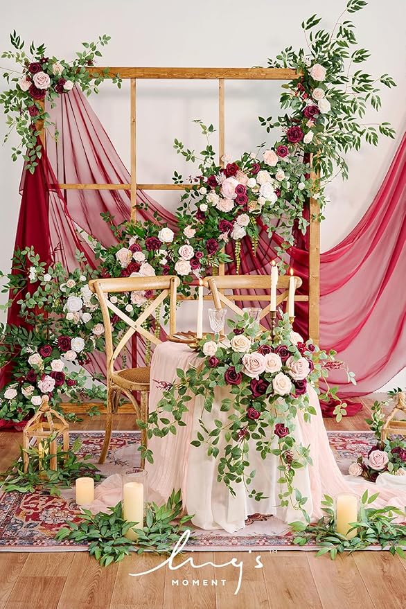 Ling's moment 9FT Spring Flower Garland - Wedding Arch Flowers, Eucalyptus & Rose, Artificial Floral Garland for Mantle - Sweetheart Table Decor for Reception, Backdrop Decorations, Marsala