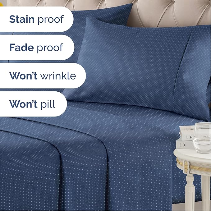 Navy Blue Polka Dots Bed Sheet Set – 1 Flat & 1 Fitted Sheet & 1 Pillowcase w/ Deep Pockets – Polka Dot Bedding - Ultra-Soft, Wrinkle & Fade Resistant - Comfy, Breathable and Cooling - Twin Size Set
