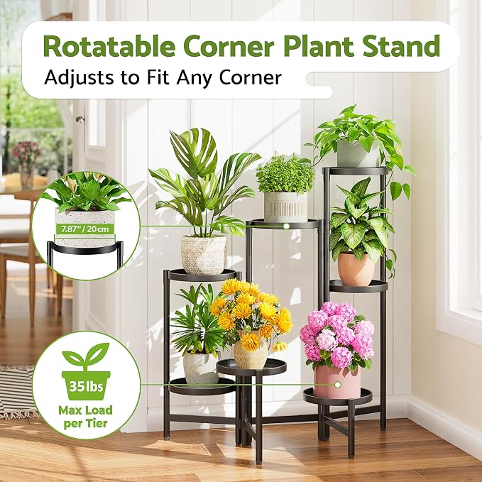 7 Tiers Plant Stand Indoor for Multiple Large Planter, Tall Tiered Folding Plant Rack Outdoor with Rustproof 10 Inch Wide Tray, Plant Shelf for Corner Living Room - BlackDisk