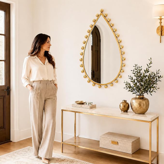 Antique Gold Teardrop Mirror Unique with Ball Frame – 24"x36" Beaded Large Decorative Ornate Wall Mirror for Bathroom, Bedroom, Living Room, Hallway