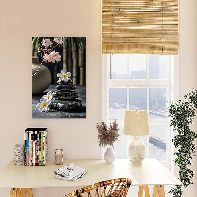 A harmonious black stone stack paired with white and pink flowers bamboo and ceramic vases creates a tranquil Zen decor for minimalist homes and mindful spaces 28x40in Frameless