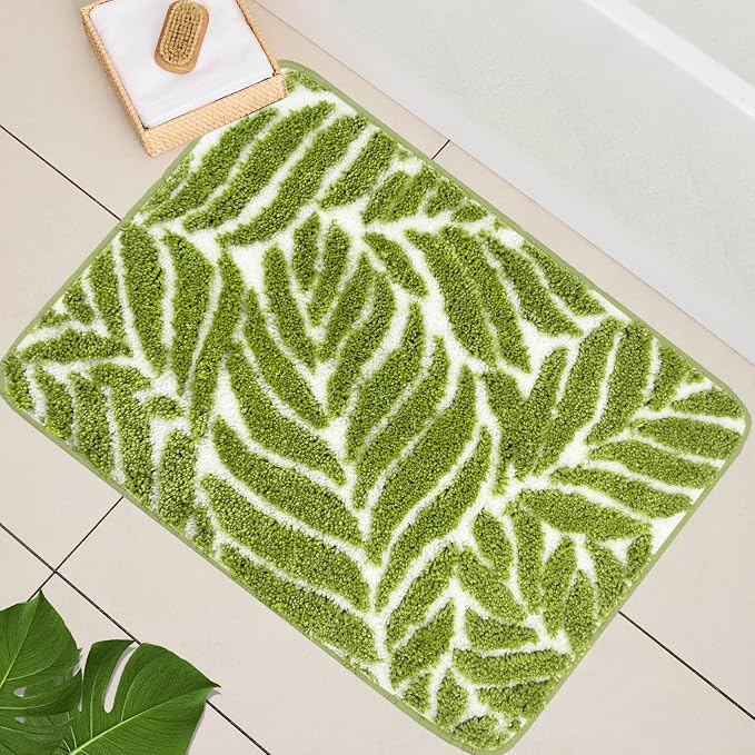 Grass Green Leaf Bathroom Rugs - Cute Bath Mat, Green Bath Mats Non Slip Machine Washable Funny Bathroom Decor Water Absorbing Bath Rugs for Sink Bathtub Shower 20" x 32"