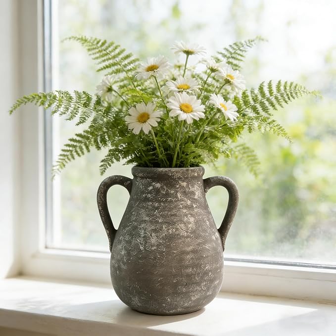 Ceramic Flower Vase Home Decor - 7.5 Inch Farmhouse Rustic Table Vases Living Room Decoration Decorative Vintage Pottery for Kitchen Shelf Coffee Dining Bookshelf Fireplace Centerpiece (Retro-7.5")