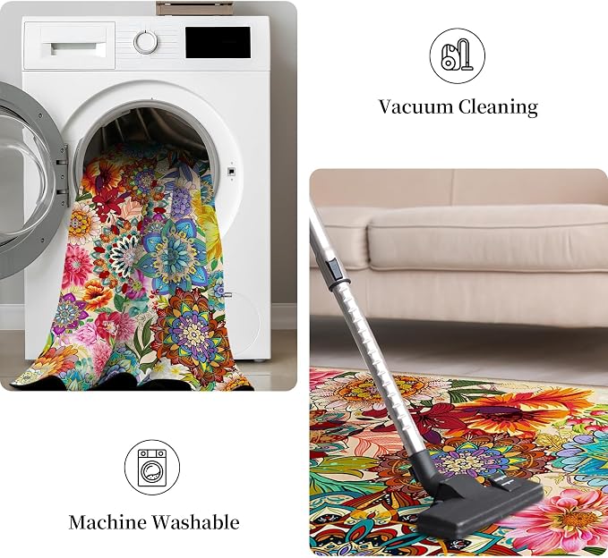 Boho Floral Door Mat 2x3, Colorful Flowers Indoor Entry Rug Non Slip Small Area Rug for Entryway Kitchen Bathroom Front Door Mats Indoor Entrance Washable Doormat Carpet Aesthentic