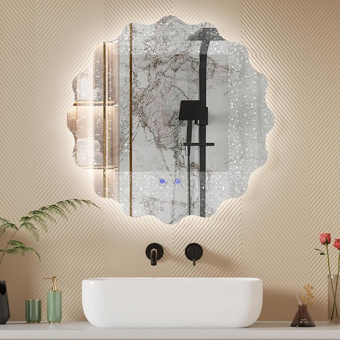 QDSSDECO Irregular LED Bathroom Mirror with Lights,Asymmetrical Led Bathroom Vanity Mirror for Wall with Front and Backlit, Anti Fog, 3 Colors and Dimmable Light, 23" x 23"