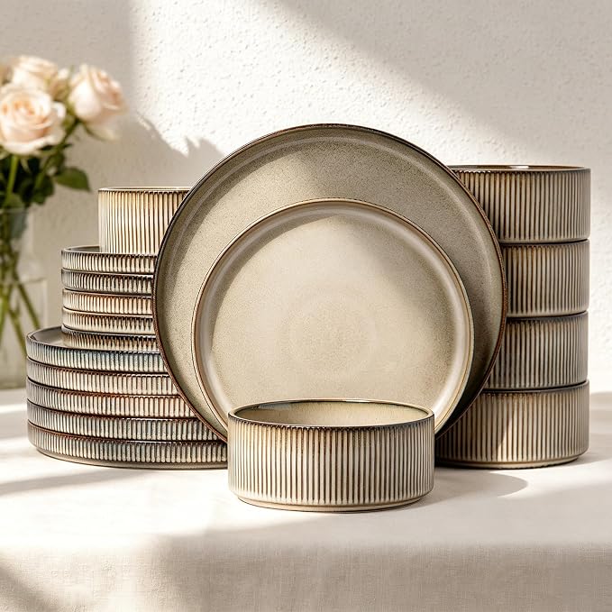 MONITO Ceramic Dinnerware Sets for 6, 18PCS Stoneware Plates and Bowls Sets, Reactive Glaze Dish Set, Chip and Scratch Resistant Double, Microwave and Dishwasher Safe, Brown