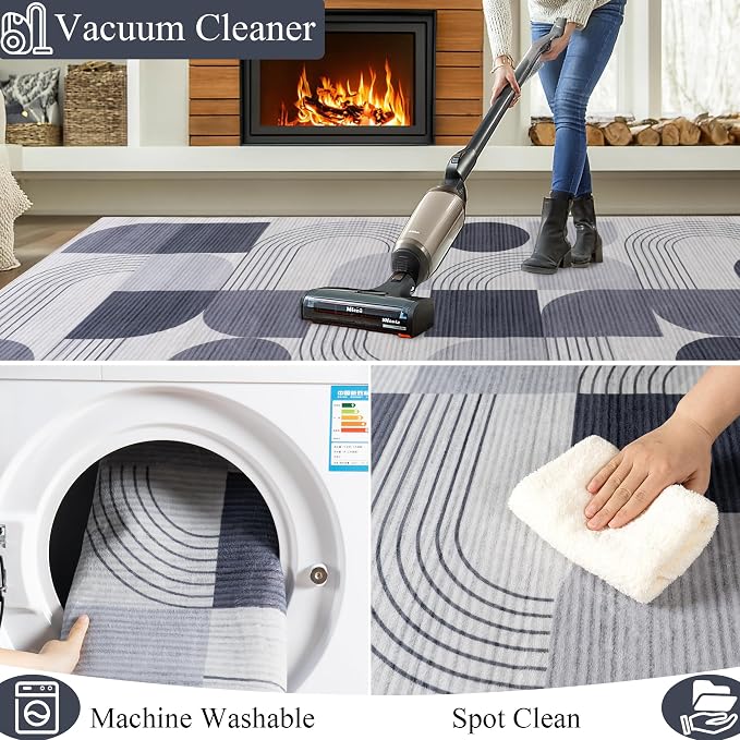 Large Machine Washable 6x9 Area Rug, Soft Modern Geometric Abstract Grey Rugs for Bedroom Living Room, Non-Shedding Faux Wool Indoor Throw Floor Carpet for Office Entryway Dining Room Decor