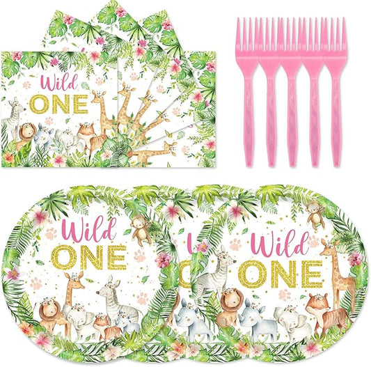 48Pcs Wild Birthday Decorations Plates and Napkins Forks Jungle Safari Animals Party Decorations for 16 Guests Two Wild Animals Birthday Decorations for Girls