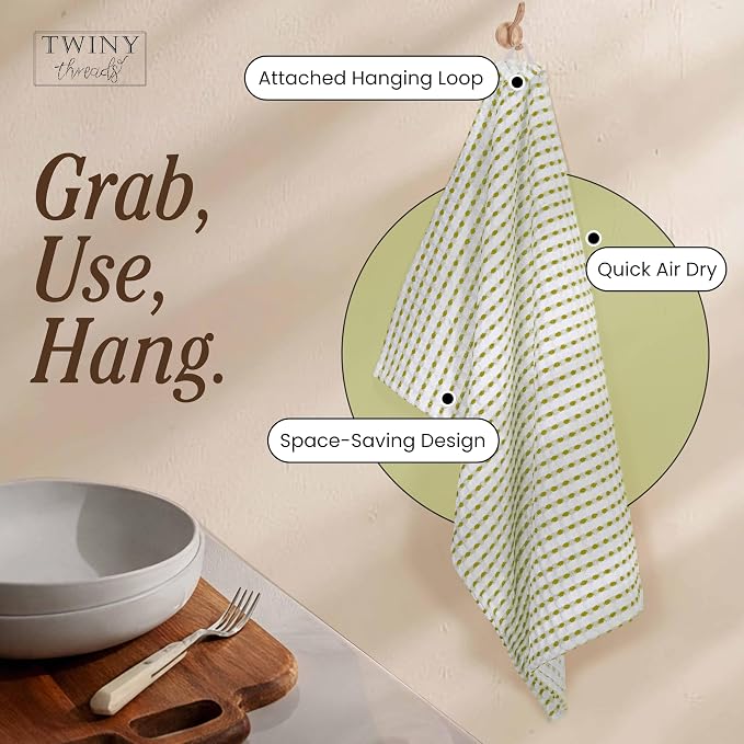 TWINY threads Waffle Kitchen Towels Set of 4, 16x26 Inches, 100% Cotton Waffle Weave Dish Cloth Pack, Super Absorbent & Fast Dry Tea Towels for Drying and Cleaning, Lemon Green, White