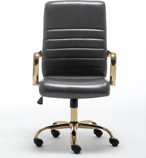 BTEXPERT Executive Chair - Gray Faux Leather with Golden Arms & Lumbar Support | High Back Desk Armchair