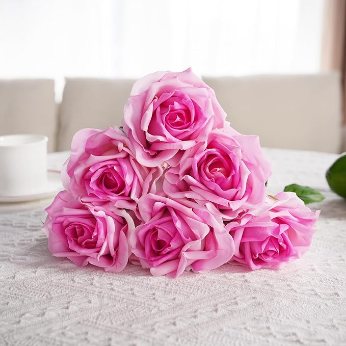 6 Pcs Silk Real Touch Latex Roses, Artificial Single Stem Big Bloom Faux Roses for Home Party Office Wedding Indoor Decor, Floral Arrangements, Table Centerpieces