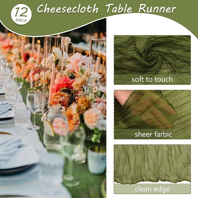 12 Pack 10Ft Cheesecloth Table Runner 35x120 Inch Boho Gauze Table Runner Rustic Cheese Cloth Long Romantic Table Runners for Wedding Bridal Shower Birthday Party Table Decor (Grass Green)