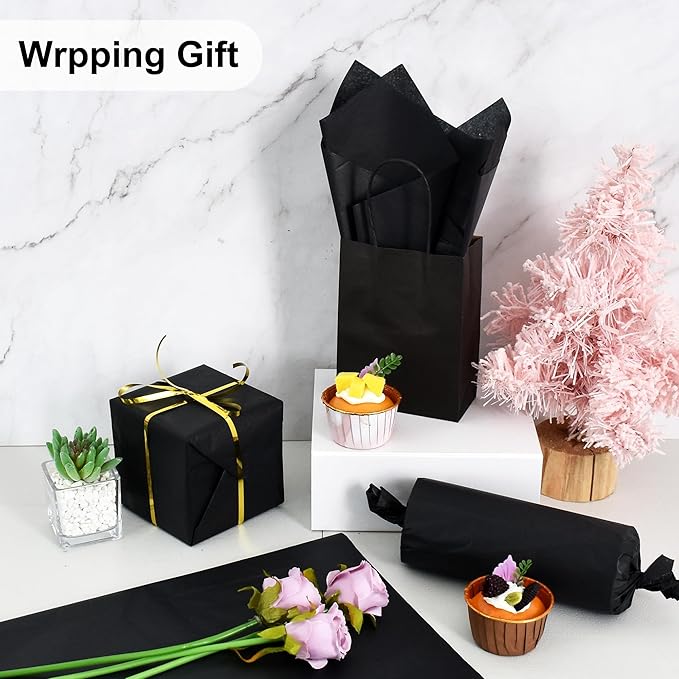 BEISHIDA 100 Sheets Black Tissue Paper Bulk, Wrapping Tissue Paper for Gift Bags, 14 x 20 Inch Gift Wrap for Halloween Birthday Wedding Graduation DIY Crafts Holiday Flowers