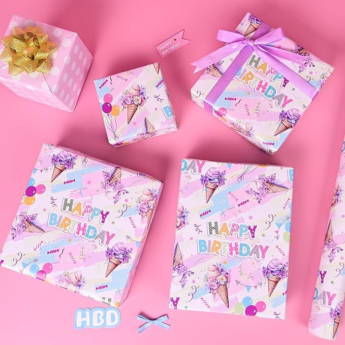 Altarho Reversible Ice Cream Wrapping Paper Roll for Kids Girls Women - 17 Inch x 20 Feet - Pink Summer Happy Birthday and Polka Dot Design Gift Wrap for Baby Shower Party Total 28.5sq.ft