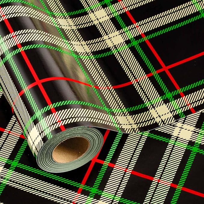 MAYPLUSS Wrapping Paper Roll 17in* 32.8 feet Black and Green Plaid with Red Line for Christmas,Birthday,Party,Holiday,Vintage Wrapping Paper for all Occassions (TTL:46.8sqft)