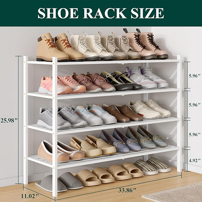 Smiry Long Bamboo Shoe Rack 4-Tier, Stackable Wooden Shoe Organizer for Entryway & Closet, Free Standing Wood Shoe Storage Shelf for Front Door & Small Spaces, White