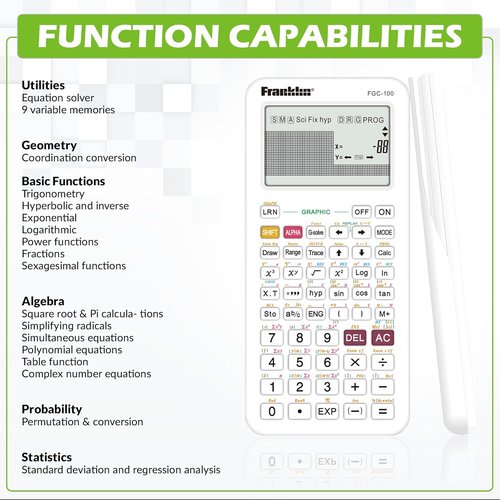 Franklin Scientific Graphing Calculator - 3 Operating Modes, 20 Built-In Graphs | Ideal for All Levels, White