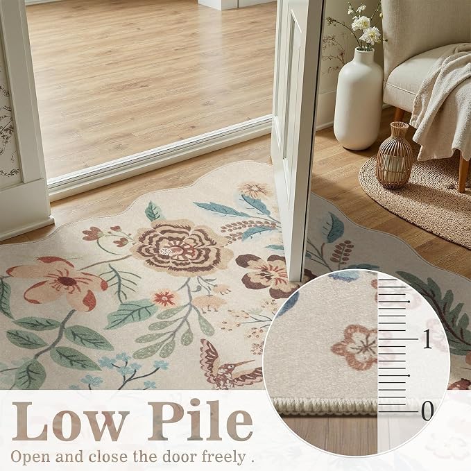 DCX Beige Floral Rug 3x5, Washable Beige Rug for Living Room, Kid & Pet Friendly with Rubber Back Non Slip, Soft Low Pile Carpet, Stain Resistant Rug for Bedroom, Nursery, Dining Room
