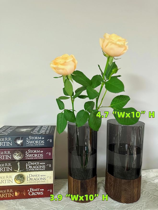 Shatterproof Acrylic Flower Vase with Wood Base–10”H*4.7''W Modern Table Centerpiece for Home Office Decor, Holds Fresh/Dried Stems, Lightweight&Stable, Present for Housewarming Christmas (Cylinder)